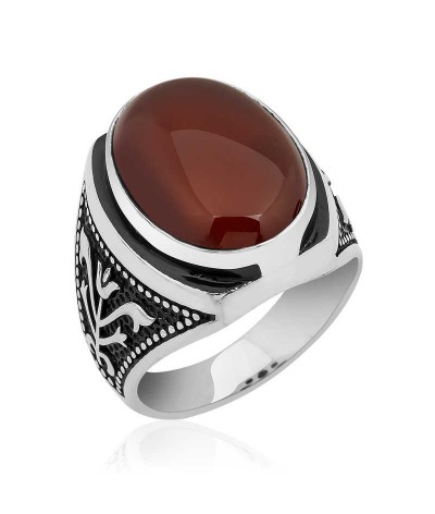 Gümüş Lale işlemeli Akik Yüzük