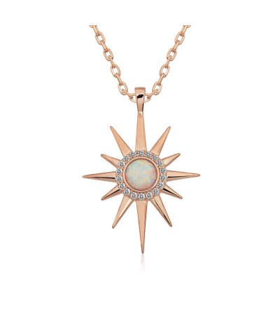 ​Gümüş Beyaz Opal Taşlı Kutup Yıldızı Kolye