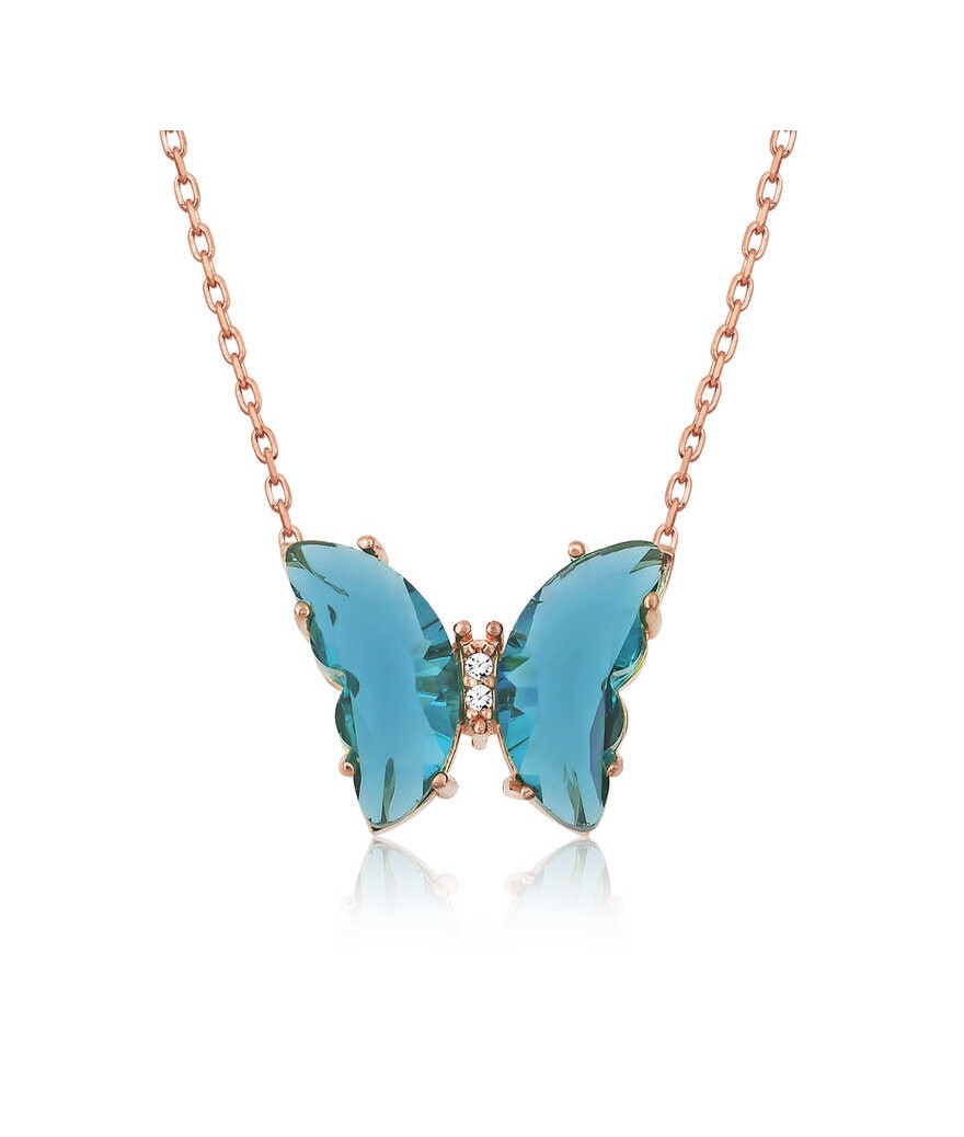 Gümüş Turkuaz Cam Kelebek Kolye