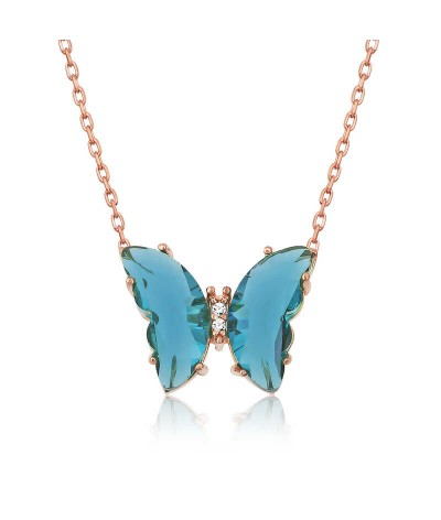 Gümüş Turkuaz Cam Kelebek Kolye