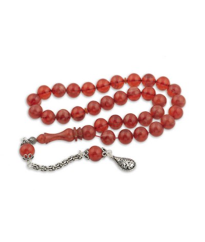 ​Gümüş Püskül Mercan Rengi Küre Sıkma Kehribar Tesbih