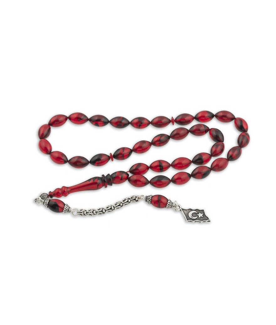 ​Gümüş Ay Yıldız Püskül Arpa Sıkma Kehribar Tesbih