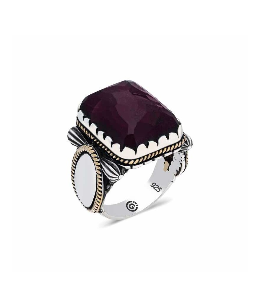 ​Gümüş Bordo Taşlı Köşeli Erkek Yüzük