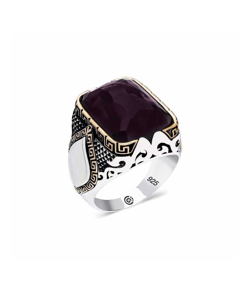 ​Gümüş Mor Taşlı Köşeli Erkek Yüzük