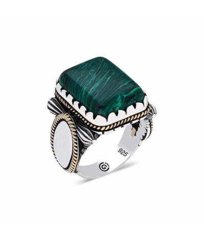 ​Gümüş Kare Yeşil Akik Taşlı Erkek Yüzük