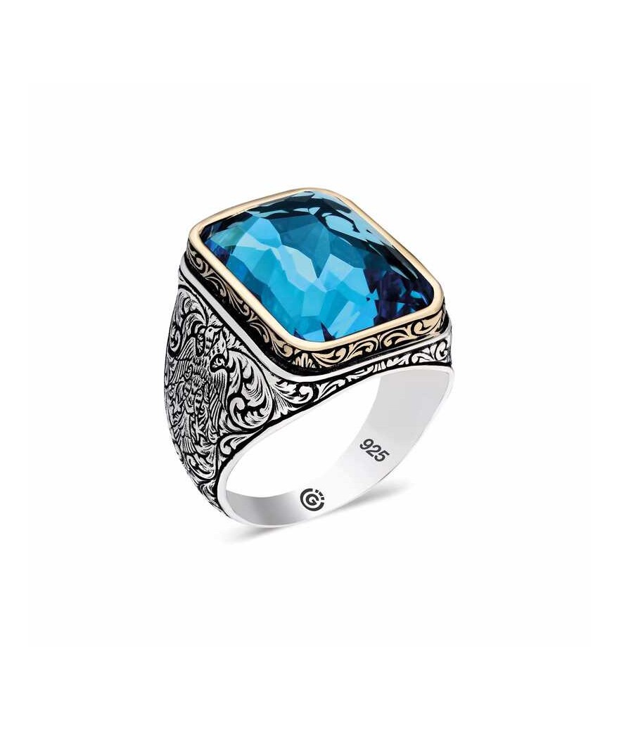 ​Gümüş Turkuaz Taşlı Kare Erkek Yüzük