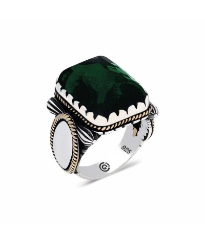 ​Gümüş Yeşil Zirkon Taşlı Kare Erkek Yüzük