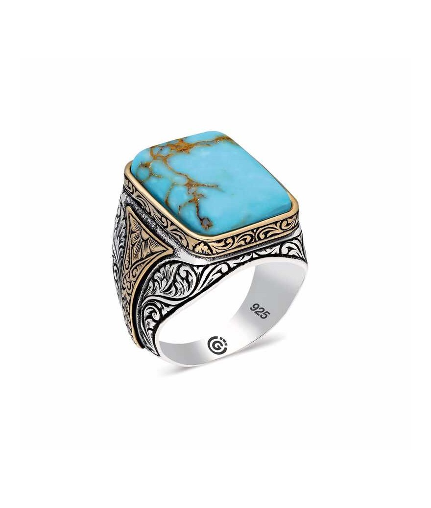 ​Gümüş  Zirkon Turkuaz Taşlı Kare Erkek Yüzük