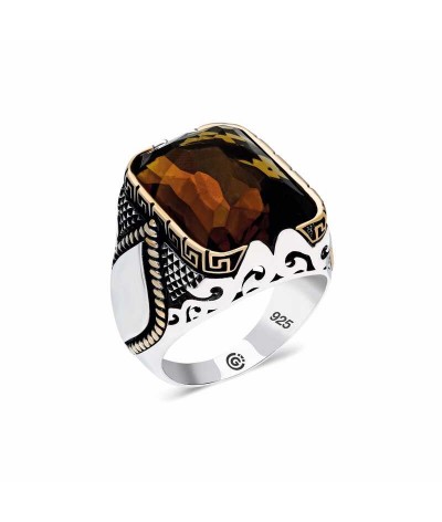 ​Gümüş Zirkon Kahverengi Akik Taşlı Kare Erkek Yüzük