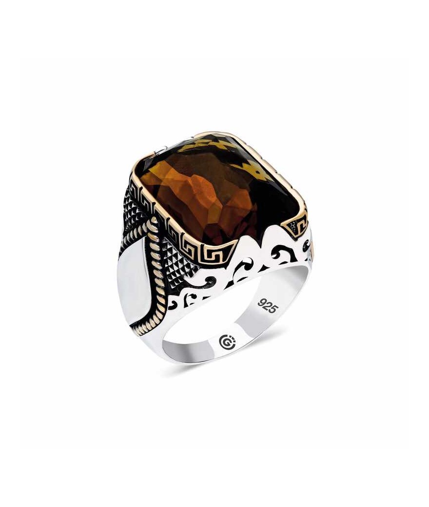 ​Gümüş Zirkon Kahverengi Akik Taşlı Kare Erkek Yüzük