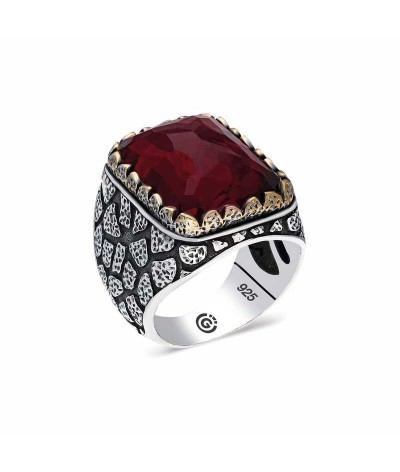 ​Gümüş Zirkon Bordo Taşlı Kare Erkek Yüzük