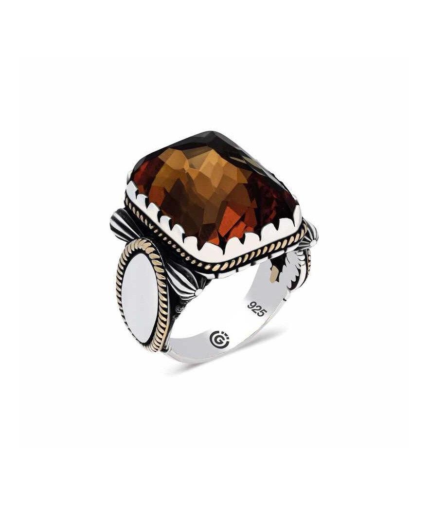 ​Gümüş Zirkon Akik Taşlı Kare Erkek Yüzük