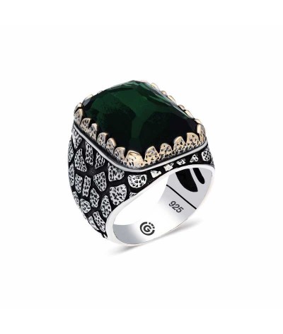 ​Gümüş Yeşil Zirkon Taşlı Kare Erkek Yüzük