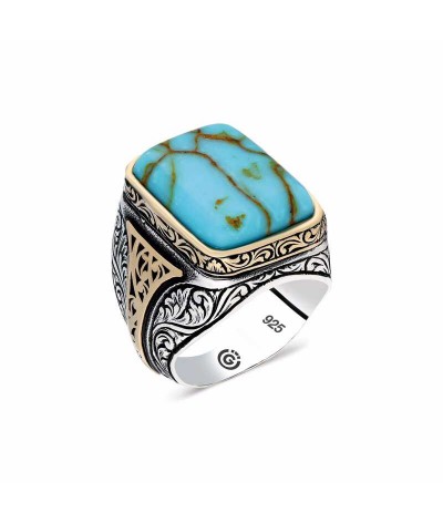 ​Gümüş Turkuaz Çizgi Geçişli Taşlı Kare Erkek Yüzük