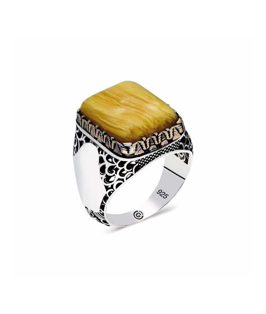 ​Gümüş  Koyu Sarı Sıkma Kehribar Taşlı Kare Erkek Yüzük