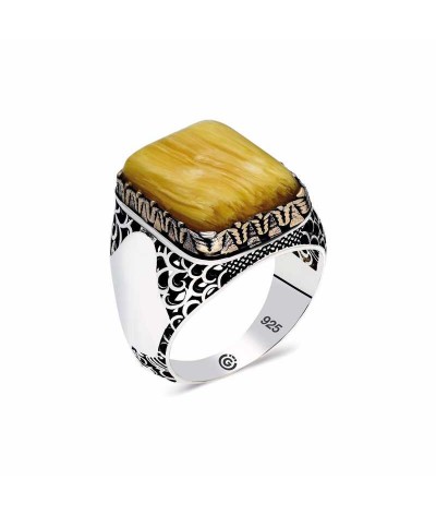 ​Gümüş  Koyu Sarı Sıkma Kehribar Taşlı Kare Erkek Yüzük