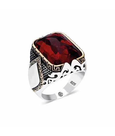 ​Gümüş Kırmızı Zirkon Taşlı Kare Erkek Yüzük