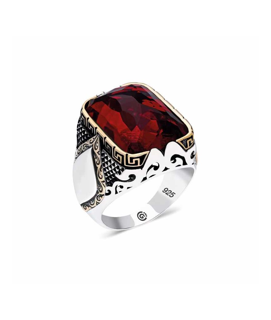 ​Gümüş Kırmızı Zirkon Taşlı Kare Erkek Yüzük