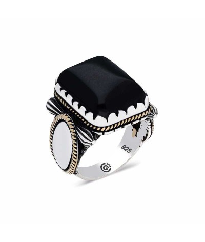 ​Gümüş Siyah Oniks  Zirkon Taşlı Kare Erkek