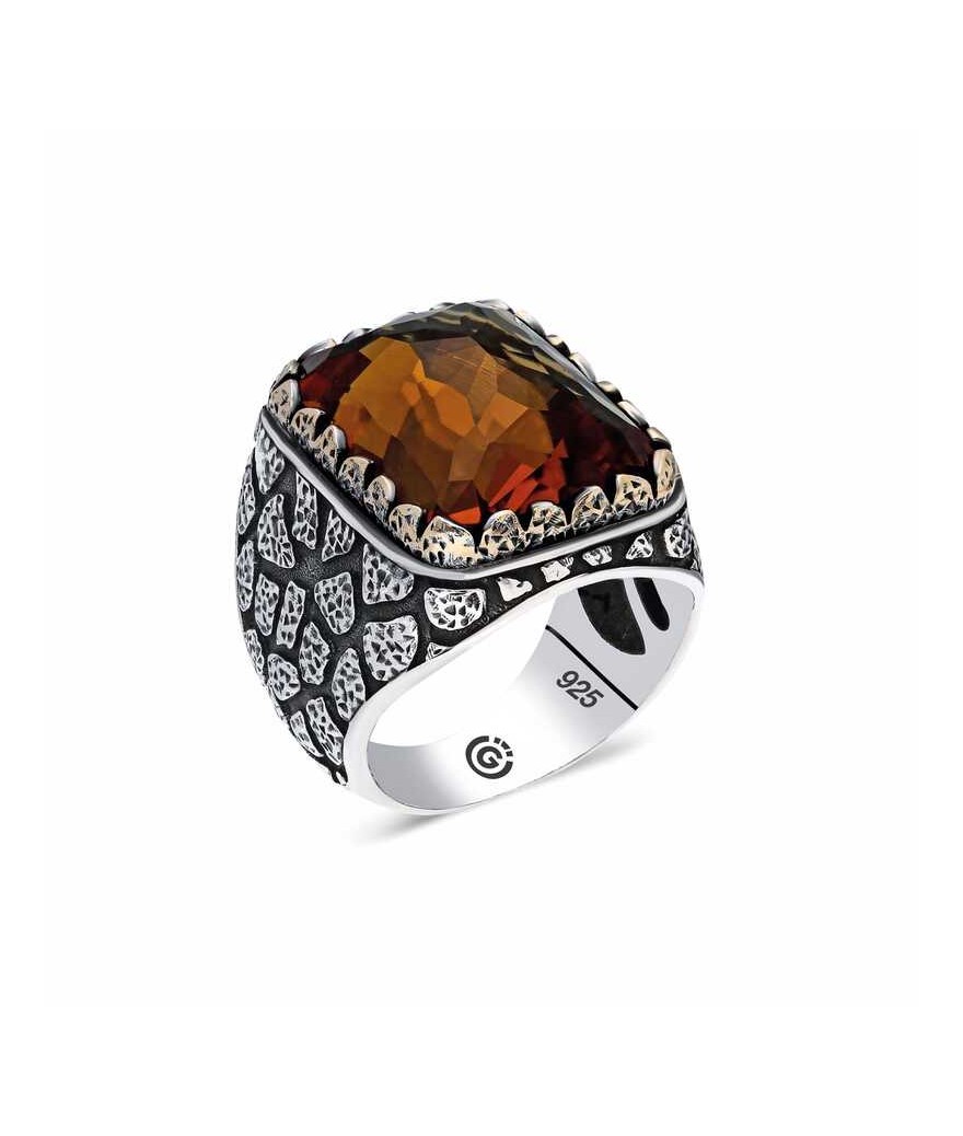 ​Gümüş Kahverengi Zirkon Taşlı Kare Erkek Yüzük