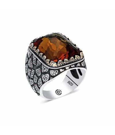 ​Gümüş Kahverengi Zirkon Taşlı Kare Erkek Yüzük