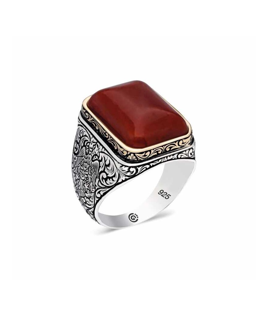 ​Gümüş Desenli Kırmızı Zirkon Taşlı Kare Erkek
