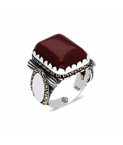 ​Gümüş Zirkon Bordo Akik Taşlı Kare Erkek Yüzük