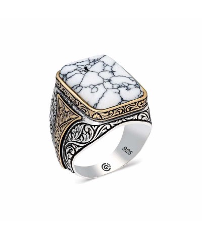 ​Gümüş Desenli Beyaz Havlit Taşlı Kare Erkek Yüzük