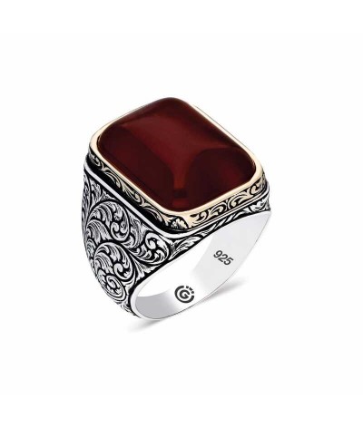 ​Gümüş Zirkon Koyu Bordo  Taşlı Kare Erkek Yüzük