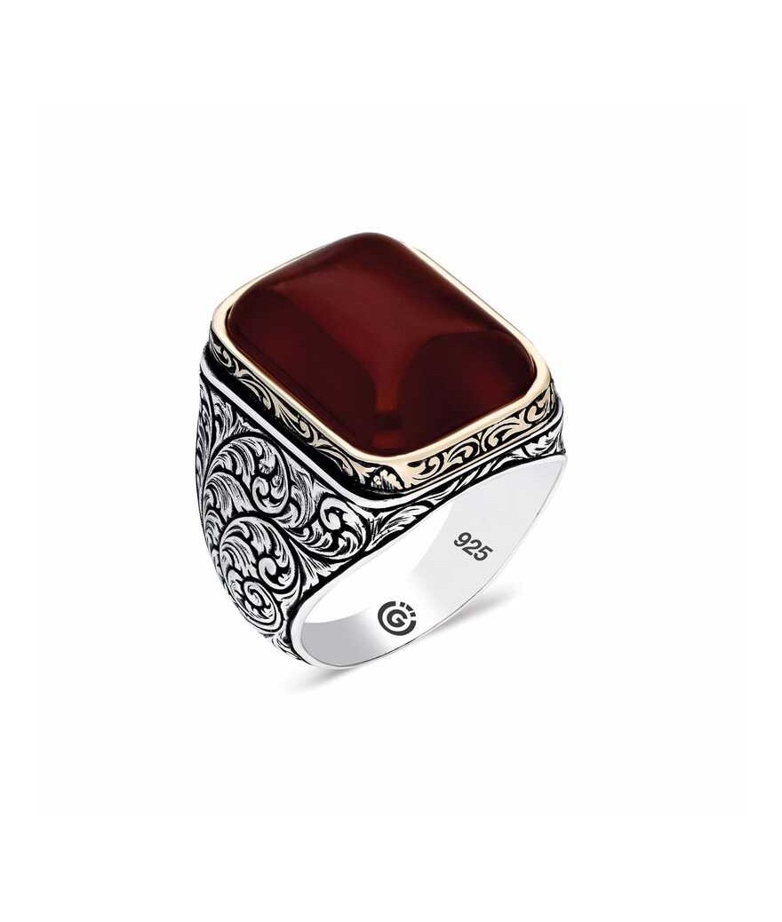 ​Gümüş Zirkon Koyu Bordo  Taşlı Kare Erkek Yüzük