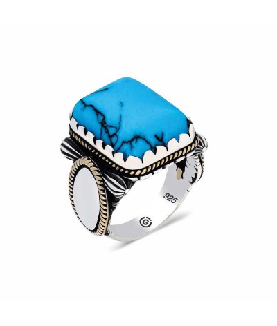 Gümüş Zirkon Turkuaz Taşlı Kare Erkek Yüzük