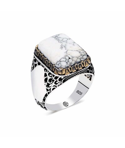 ​Gümüş Beyaz Havlit Taşlı Kare Erkek Yüzük