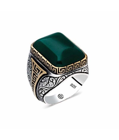 ​Gümüş Yeşil Akik Taşlı Köşeli Erkek Yüzü