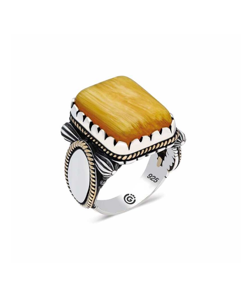 ​Gümüş Sarı Sıkma Kehribar Taşlı Kare Erkek Yüzük