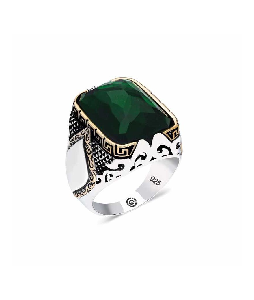 Gümüş Zirkon Yeşil Taşlı Kare Erkek Yüzük