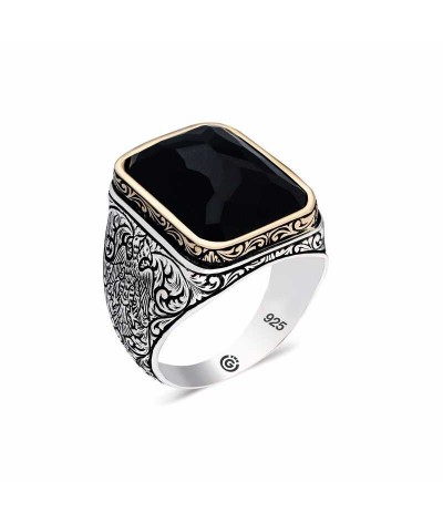 Gümüş Zirkon Siyah Taşlı Kare Erkek Yüzük