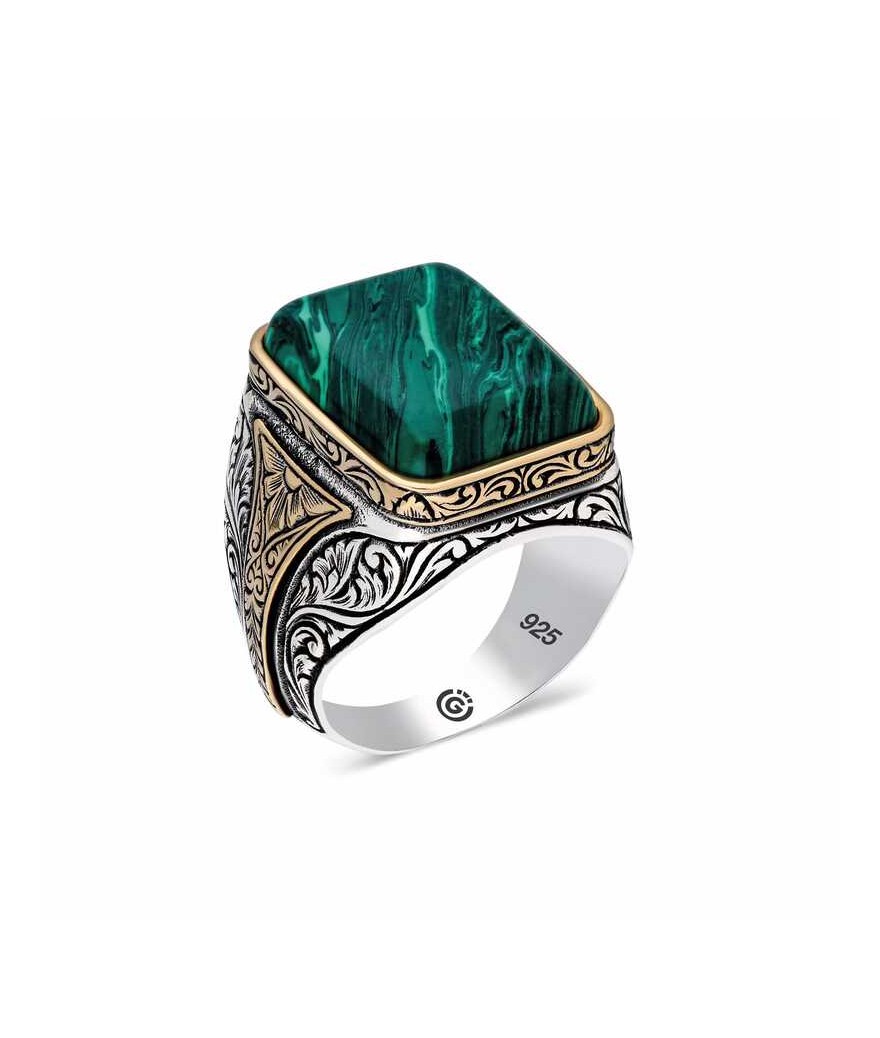 Gümüş Desenli Yeşil Sıkma Kehribar Taşlı Kare Erkek Yüzük
