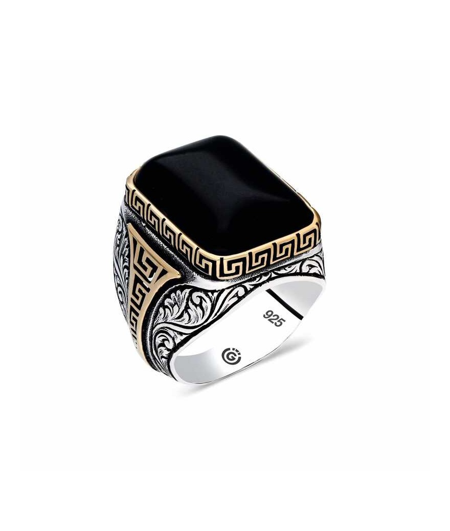 Gümüş Zirkon Siyah Taşlı Kare Erkek Yüzük