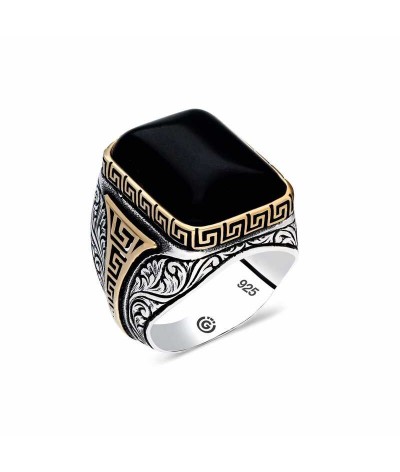 Gümüş Zirkon Siyah Taşlı Kare Erkek Yüzük