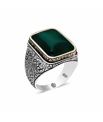 ​Gümüş Koyu Yeşil Akik Taşlı Köşeli Erkek Yüzü