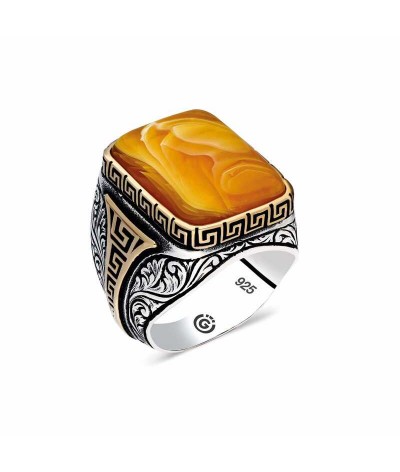 ​Gümüş Desenli Sıkma Kehribar Taşlı Kare Erkek Yüzük