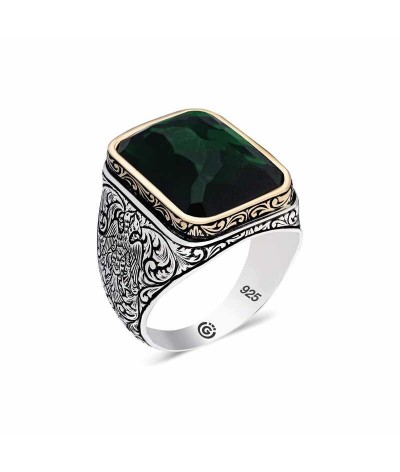 Gümüş Zirkon Yeşil Taşlı Kare Erkek Yüzük