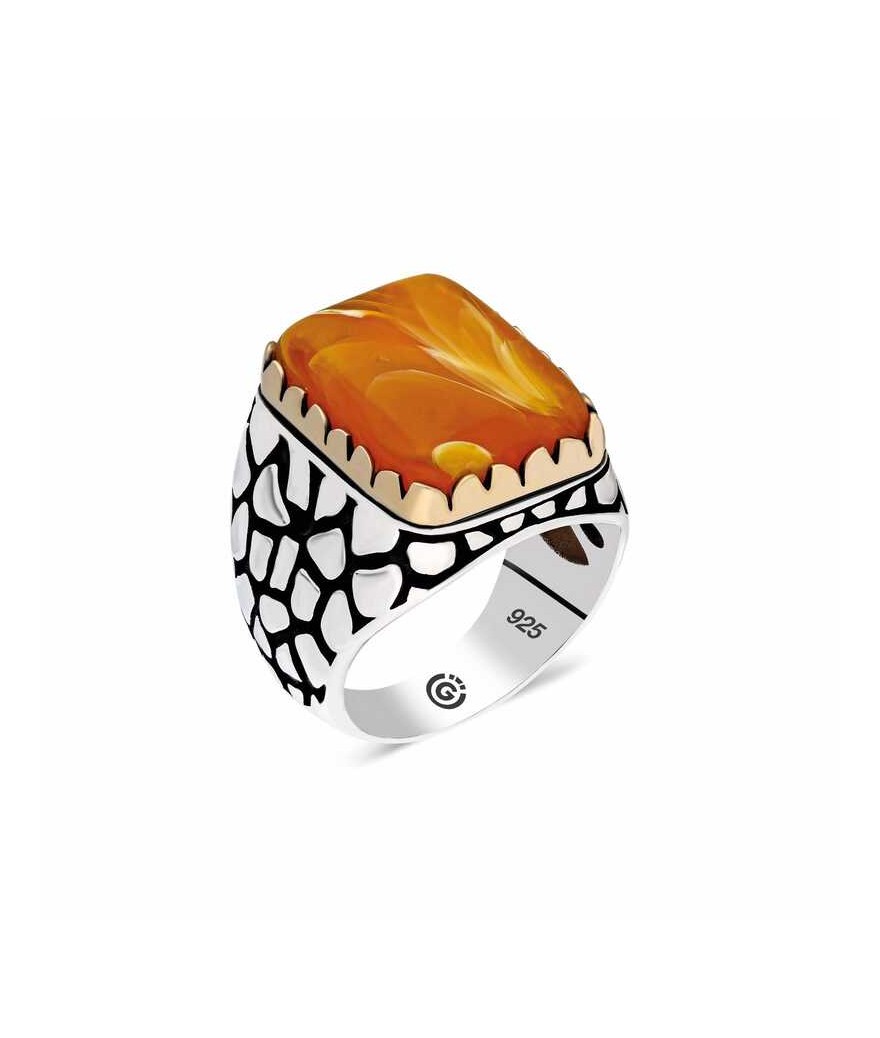 ​Gümüş Turuncu Sıkma Kehribar Taşlı Kare Erkek Yüzük