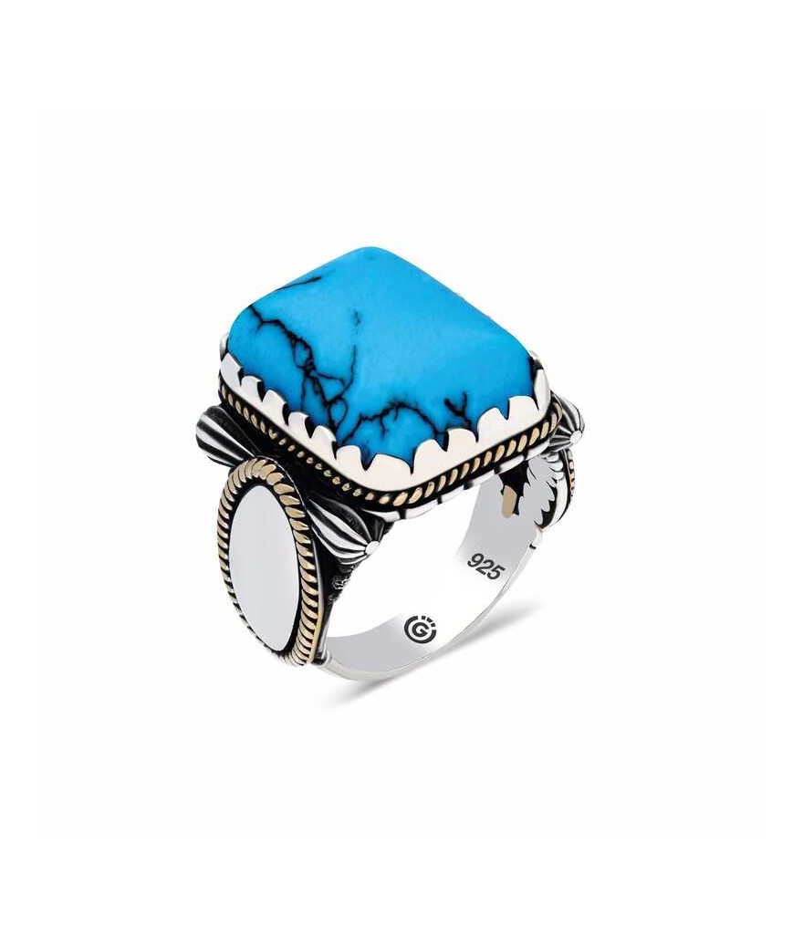 Gümüş Zirkon Sade Turkuaz Taşlı Kare Erkek Yüzük