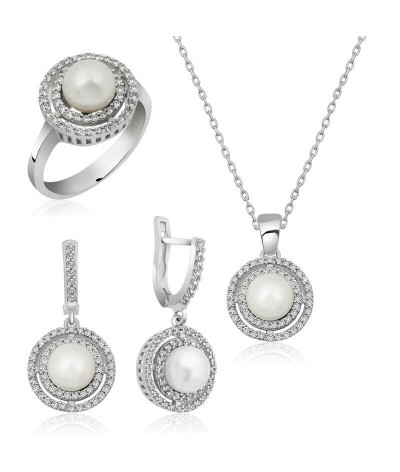 Gümüş İncili Yuvarlak Bayan Set