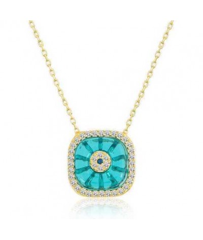 Gümüş Gold Kare Camgöz Nazar Bayan Kolye