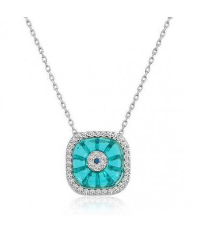 Gümüş Rodyum Kare Camgöz Nazar Bayan Kolye