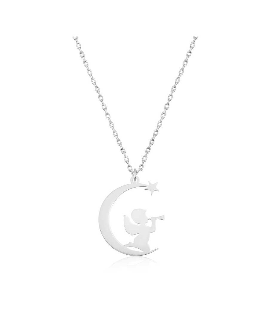 Gümüş Ayda Oturan Melek Bayan Kolye