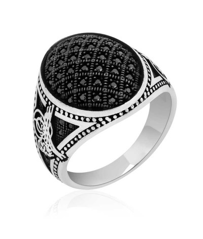 Gümüş Tuğralı Siyah Zirkon Taşlı Erkek Yüzük