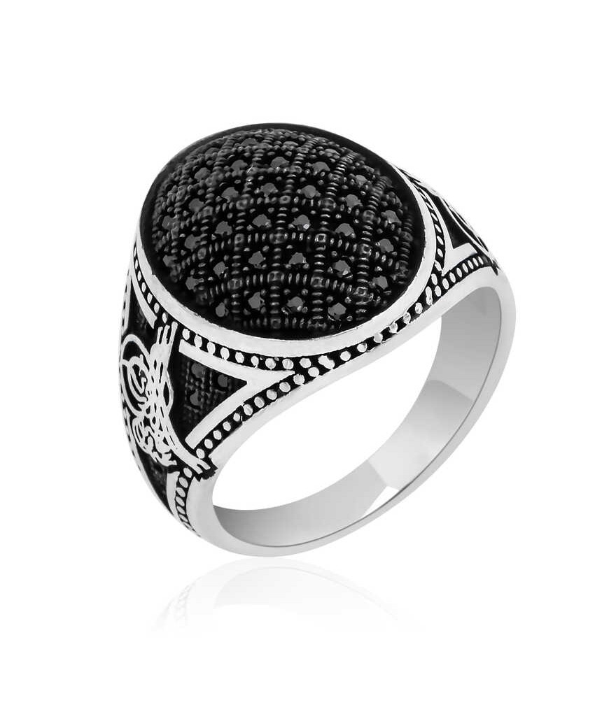 Gümüş Tuğralı Siyah Zirkon Taşlı Erkek Yüzük